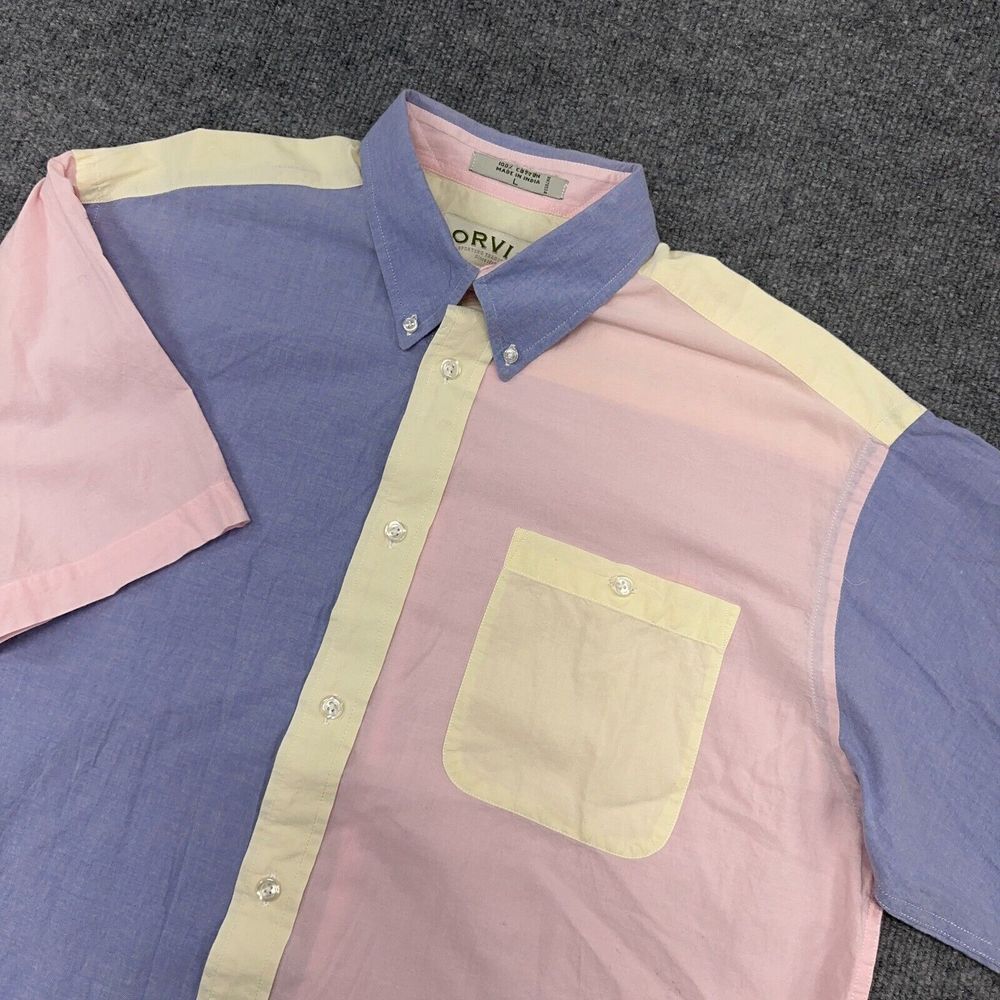 ORVIS Shirt Mens L Pink Blue Yellow Short Sleeve Button Up Colorblock Pastel VTG